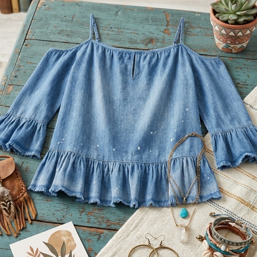 Blank NYC Light Denim Off-Shoulder Ruffle Top with bleach stain accents - large